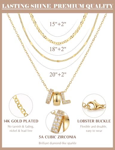 Layered Gold Necklaces for Women, 14K Gold Plated Dainty Cubic Zirconia Rondelle Initial Pendant Necklace, Chunky Stackable Mariner Chain Choker, Trendy Personalized Name Jewelry Gifts for Women - style: Letter L