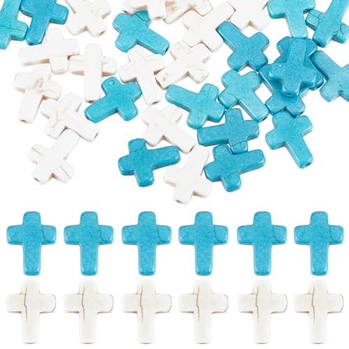 SUNNYCLUE 1 Box 100Pcs Cross Beads Bulk White Blue Synthetic Turquoise Stone Beads Easter Holiday Pocket Crosses 16x12mm Mini Small Loose Spacer Cross Beads for Jewelry Making DIY Beading Supplies - color: 100pcs 12x16mm White Blue Cross Beads