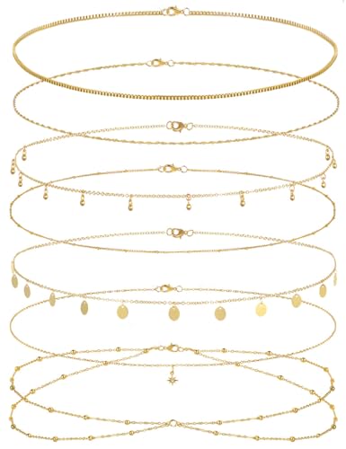 Tornito 8Pcs Waist Chain 18K Gold Plated Belly Chain Sexy Bikini Summer Beach Layered Satellite Beads Coin Sequin Octagram Star Box Chain Body Jewelry Gifts for Women Gold Silver Tone Adjustable - color: Gold