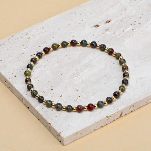 QOGIR 14k gold Handmade Healing Bracelet, Natural Gem Stone Crystal Elastic Gold Bracelet - color: Dragon Bloodstone - Strength and Courage, size: 4m