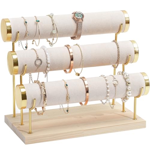ProCase Bracelet Holder Display Bracelet Organizer Stand, Gold Detachable Bangle Storage Rack for Selling, Velvet Wrap Watch Holder with Wooden Base for Women Girls, Business Supplies - 3 Tier, Beige - color: Beige, size: 3 Tier