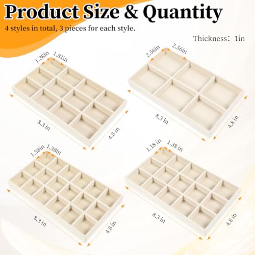 12 Pcs Velvet Jewelry Organizer Trays Set, 4 Styles Stackable Drawer Organizer with Removable Dividers, Storage and Display for Earrings, Necklaces, Bracelets, Rings, Vanity Dresser Storage Box, Beige