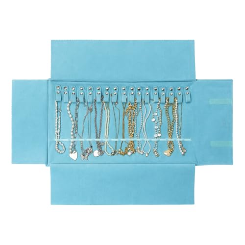 UnionPlus Velvet Travel Jewelry Roll Bag Organizer for Necklace, Elastic Band and Anti-winding, River Blue - color: River Blue, size: Medium