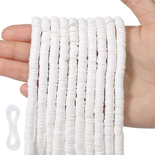 3600 pcs White Clay Beads for Bracelets Making, 10 Strands Flat Round Polymer Clay Beads 6mm Spacer Heishi Beads for Jewelry Making Earring Necklace - color: White