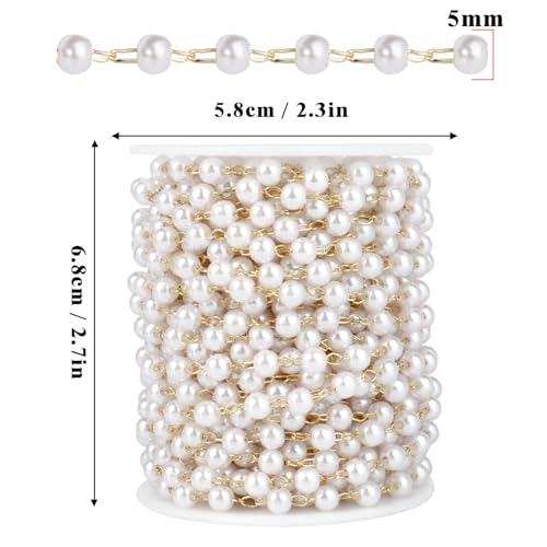 33 Feet Gold Pearl Beads Chains Roll, 5mm Faux Pearls Beaded Gold Plated Brass Cable Link Chain Spool Bulk for Jewelry Making DIY Craft - color: 5.0MM Gold Color