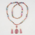 2 Pcs Boho Lapis Lazuli Jewelry Set for Women - Handmade Natural Stone Beaded Long Necklace with Oval Lapis Lazuli Pendant & Trapezoid Lapis Lazuli Earrings | Vintage Elegance | Ideal Gift for Her - style: Rhodochrosite Pendant