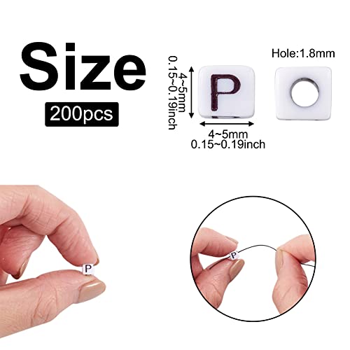 240pcs Opaque Acrylic Letter P Cube Beads White Plastic Alphabet Loose Spacer Square Beads 4-5mm for DIY Name Bracelet Necklace Jewelry Crafts Making Hole: 1.8mm - color: Letter P#White and Black