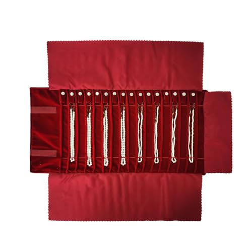 Portable Jewelry Roll Untangled Secure Necklace Travel Storage Bag Displays Holder 16 Chain (Burgundy) - color: Burgundy