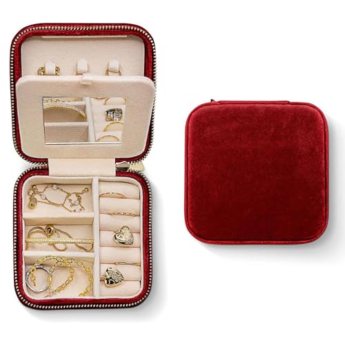 Travel Jewelry Organizer Boxwith Mirror | Velvet Travel Jewelry Case Small Jewelry Boxes for Women | Jewelry Travel Organizer, Jewelry Travel Case for Women | Earring Organizer (Wine Red) - color: Wine Red