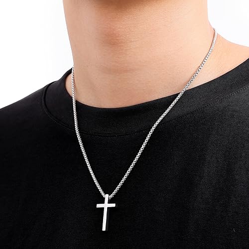 Fiusem Cross Necklace for Men, Silver/Gold/Black Mens Cross Necklaces with 2.5mm Cross Chain and Stainless Steel Cross Pendant, Box Chain 16-24 Inch, Jewelry Gift - size: 26.0 Inches, style: Small silver cross: 1.2" * 0.7"
