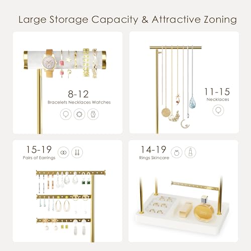 SZQINJI 5 Tier Jewelry Holder Organizer, Gold Jewelry Stand with Velvet Bracelet Holder, Adjustable Height Jewelry Display for Necklaces, Bracelets, Earrings, Rings, Gift Idea for Women, White - color: White