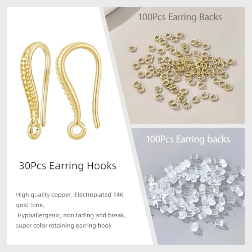 230PCS Earring Findings for Jewelry Making, 14K Gold Plated Earring Hooks ypoallergenic Fish Hooks for DIY Bulk Pack - color: 14K Gold-Thin Earring Hooks
