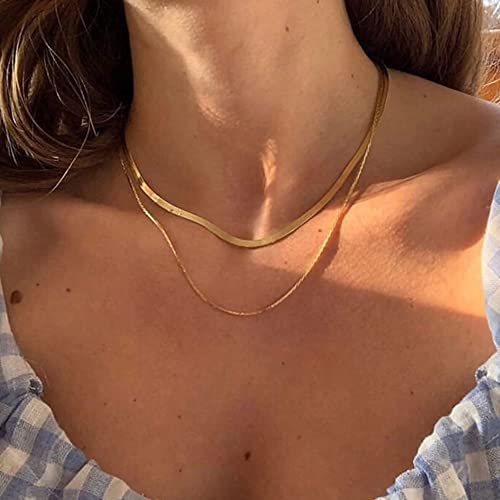 Tewiky Layered Necklaces for Women Non Tarnish- Chunky 14k Gold Plated Herringbone/Snake/Rope/Box/Cuban Link Chain for Women Waterproof Layering Stack Choker Necklace Trendy Dainty Tarnish Free Jewelry Set - color: Layered Herringbone Gold