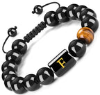 FRG Initials Bracelets for Men Letter Link Handmade Natural Black Onyx Tiger Eye Stone Beads Braided Rope Meaningful Bracelet - style: Braided rope-F