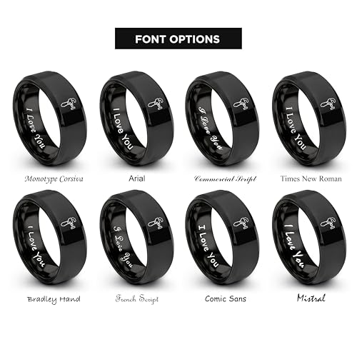 Chain Tool Ring - Gift for Cyclist - 8mm - Band - Gunmetal Black Silver - Personalized Custom Engraving - Men Women - Anniversary Engagement Wedding - Tungsten Carbide - Flat Dome Bevel - color: 14 - Black Tungsten