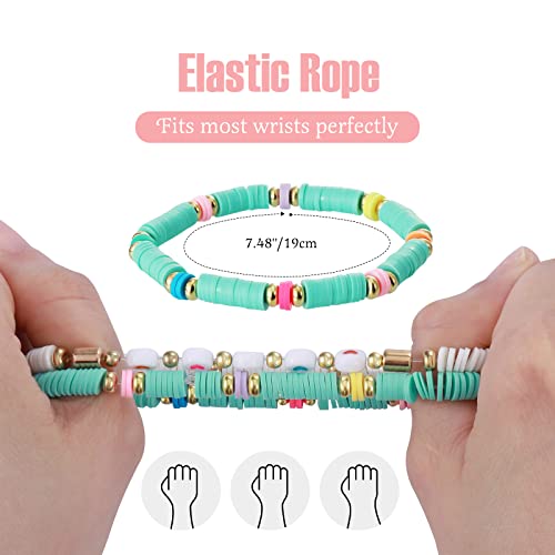 Emibele Colorful Stretch Bracelet Stack Boho Beaded Bracelet Set Heishi Surfer Bracelet Stackable Y2K Trendy Jewelry Friendship Multiple Set Women Fans - style: Green 7pieces