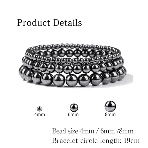 3 PCS Healing Crystal Bracelets for Women 8mm Natural Stone Beaded Stretch Bracelet Amethyst Jewelry Gifts - color: 4,6,8mm Hematite