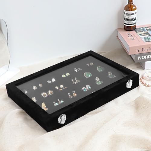 Wudygirl Jewelry Organizer 24 Grid Jewelry Tray with Clear Lid Velvet Jewelry Box Earrings Holder Organizer Jewelry Display Case (Black 24 Grid) - style: 24 Grid Tray
