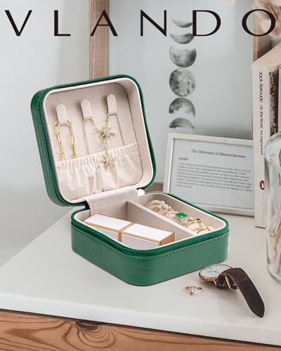 VLANDO Small Travel Jewelry Box Organizer - Girls Women Gift Rings Earrings Necklaces Jewelry Storage Display Case Dark Green - color: H.Dark Green