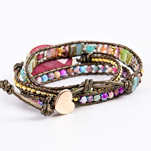 YGLINE Women Boho Handmade Natural Stone Crystal Leather Bead Wrap Bracelets Collection - color: Rhodochrosite 4-3w