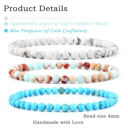 2/3-Pieces 4mm 6mm 8mm Natural Crystal Gemstone – Handmade Reiki Energy Healing Stretch Bracelets Jewelry for Yoga, Meditation, Unisex - color: 3 Pieces (AgalmatoliteJasper&BlueTurquoise&Howlite), size: 4mm