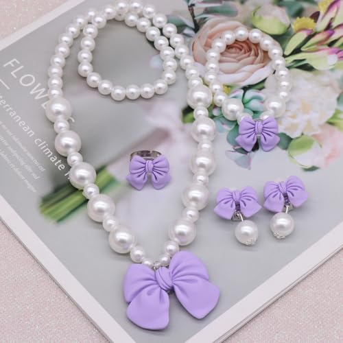 Princess Jewelry for Little Girls, Handmade Bow Pearl Kids Jewelry Set, Stretch Necklace Bracelets Rings and Clip on Earrings, Perfect for Dress Up, Birthday Parties, and Costume Play - color: Purple