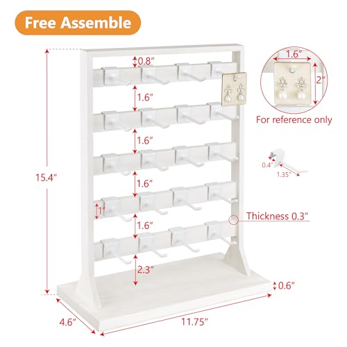 Ikee Design Free Assemble 2 Pcs Set Wooden Jewelry Display Rack with 20 Removable Metal Hooks/Each, Earring Card Display Holder Stand for Necklaces,Bracelet, Keychain Stand, Wash White - color: e) Wash White w/White Hook, 2 Pieces