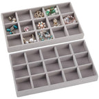2Pcs 5 x 8.3 Inch Jewelry Drawer Inserts Velvet Jewelry Tray Gray 15 Grids Dresser Earring Drawer with Removable Divider Necklace Organizer Storage Container for Bracelet Ring Watch Display - style: Gray 15 Grids