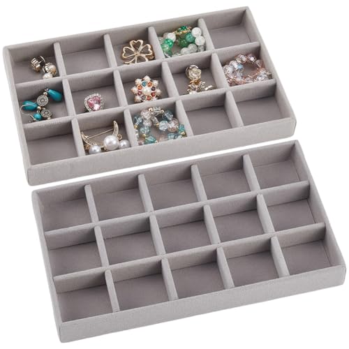2Pcs 5 x 8.3 Inch Jewelry Drawer Inserts Velvet Jewelry Tray Gray 15 Grids Dresser Earring Drawer with Removable Divider Necklace Organizer Storage Container for Bracelet Ring Watch Display - style: Gray 15 Grids