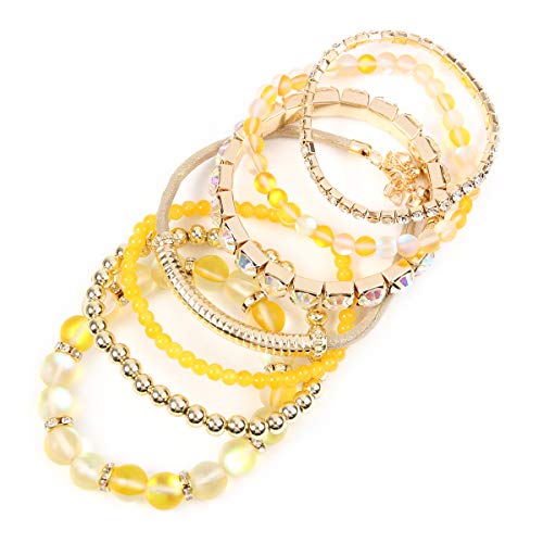 RIAH FASHION Multi Color Stretch Beaded Stackable Bracelets - Layering Bead Strand Statement Wrap Bangles - color: Mermaid Glass - Yellow, size: 7.0 Inches Length