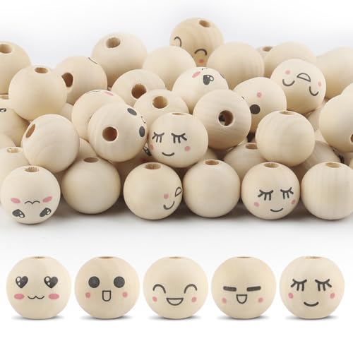 50PCS Wooden Beads for Crafts, 20mm Smile Wooden Beads with Holes, Natural Round Face Wood Bead for DIY Crafts, Jewelry Making, Angel Decorations(Style 6) - color: Style 6