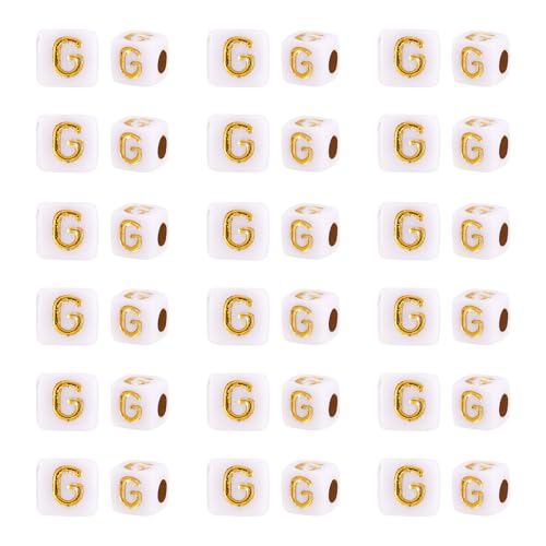 FASHEWELRY 500Pcs White Golden Letter Beads 4.5mm Square Alphabet Beads Acrylic Cube Letter G Beads for Friendship Bracelet Necklace Keychains Jewelry Making - color: Letter G