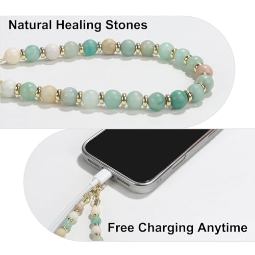 TEAMOLA Natural Stone Phone Charm, Handmade Crystal Cellphone Chain for Universal, Beaded Healing Anti Theft Phone Wrist Strap with Tether Tab, Amazonite - color: Green & Blue