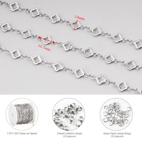 KYUNHOO 13 Feet Stainless Steel Jewelry Making Chains Silver Bulk Jewelry Hollow 4 Leaf Clover Chain for Making Crafts with Jump Rings Lobster Clasps - color: Leaf Clover Silver