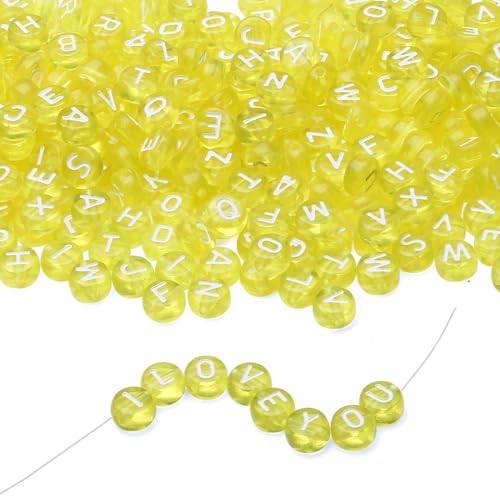 LAIDANLA 1500PCS Acrylic Letter Beads Alphabet White Letters Yellow Transparent Round Bead 7×4mm for Jewelry Bracelets Necklaces Key Chains Making - color: S-White Letter Yellow Transparent Beads