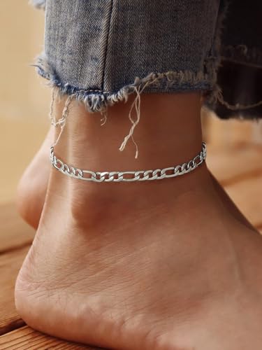 U7 Women Girls Barefoot Jewelry 18K Gold or Rose Gold Stainless Steel Heart/Rope/Figaro/Cuban Chain Anklet Foot Bracelet, 25-30 CM Long - color: Stainless Steel-5mm-Figaro Chain