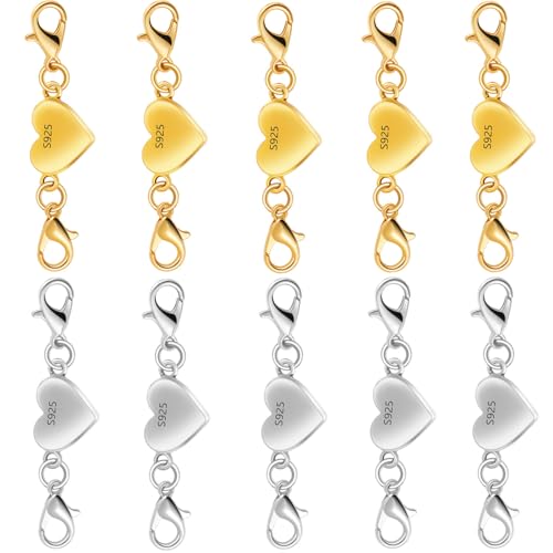 925 Silver Heart-Shaped Magnetic Necklace Clasps and Closures, Magnetic Clasp Converter for Jewelry Making Supplies,Chain Extender Connector for Necklace Bracelet (5gold + 5silver) - color: 5gold + 5silver