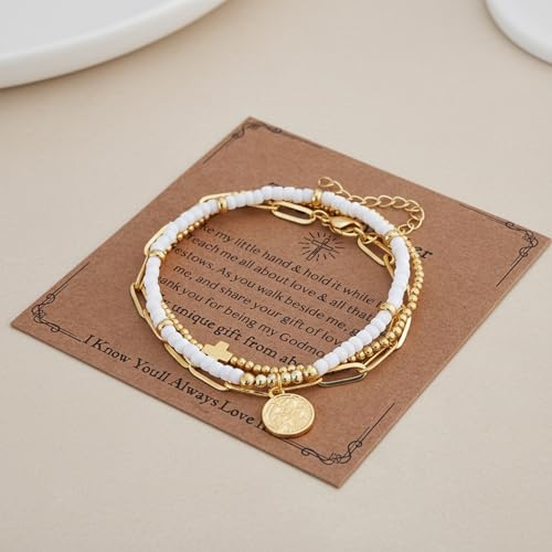 Christian Cross Jesus Pendant Charm Gold Rope String Beaded Bracelets Stack Set for Women,Handmade Bohemian Colorful Adjustable Jewelry,God Lucky Protection Friendship Gift - color: White Ball