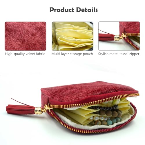 Travel Jewelry Case, Travel Jewelry Organizer, Travel Jewelry Bag with Zipper, Small Travel Jewelry Pouch for Necklaces Bracelets Bangles Rings Earrings Gemstones Storage (red) - color: red