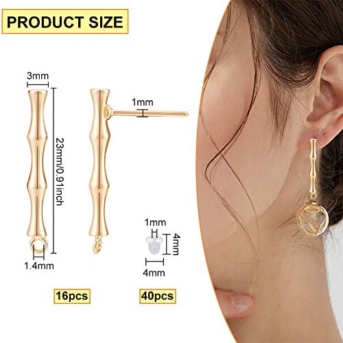 BENECREAT 16Pcs Real 18K Gold Plated Brass Stud Earring Findings, Bamboo Shape Earring Finding Plugs with 40Pcs Plastic Ear Nuts for Earring Making Supplies - color: Bamboo