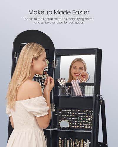 SONGMICS 360° Swivel Jewelry Cabinet, Full-Length Arched Mirror with LED Lights, Magnifying Mirror, Storage Shelves, Drawer, Ink Black UJJC030BC01 - color: Ink Black