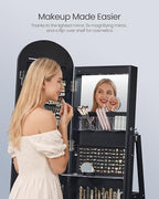 SONGMICS 360° Swivel Jewelry Cabinet, Full-Length Arched Mirror with LED Lights, Magnifying Mirror, Storage Shelves, Drawer, Ink Black UJJC030BC01 - color: Ink Black