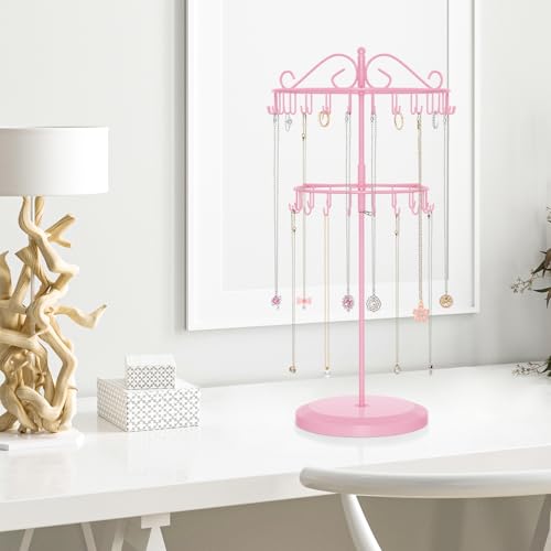 iDavosic.ly 2 Tier Rotating Necklace Holder Organizer with 42 Hooks, Adjustable Metal Bracelet Display Stand Rack, Extra Tall Keychain Spinning Tree Tower for Women, Pink - color: Candy Pink