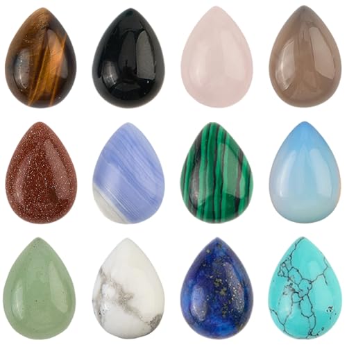 1 Box 36Pcs 12 Styles Teardrop Gemstone Cabochons Flatback Stone Natural Tiger Eye Rose Quartz Aventurine Turquoise Crystal Gems No Hole Bead Cabochon for Jewelry Making DIY Craft Accessories