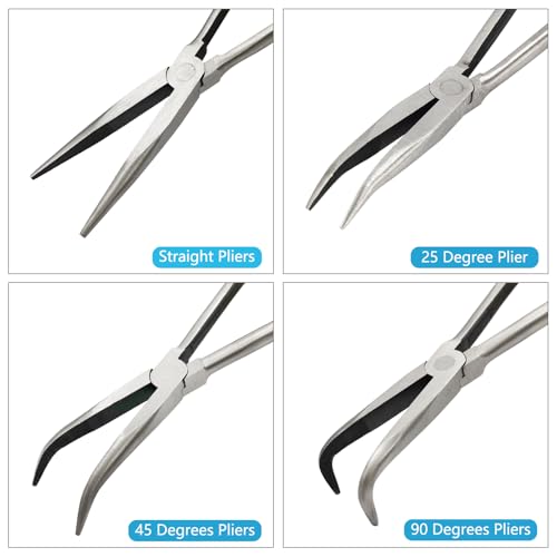 4-Piece 11" Precision Long Nose Pliers Set with Insulated Comfort Grip Handles,Straight Long Needle Nose Pliers,25/45/90 Degree Angle Curved Pliers for Wire Bending,Shaping,Trimming - size: 4pcs-Straight/25/45/90