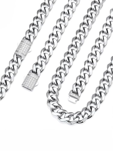 Bandmax Stainless Steel Cuban Link Chain Necklace for Men Women Silver Tone/14K Gold Plated/Black Curb Chains with Blinged out Clasp,6/9/12MM Width, 18-30 Inch Length, Hip Hop Jewelry for Gift - color: 07 Silver Tone-12MM, size: 20 Inch (51cm)