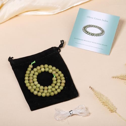 Stone Beads, 60pcs Olive Green Jades, 6mm Round Loose Beads for Jewelry Making, Bracelets, with Bag, String & Card - color: Olive Green Jades, size: 6mm