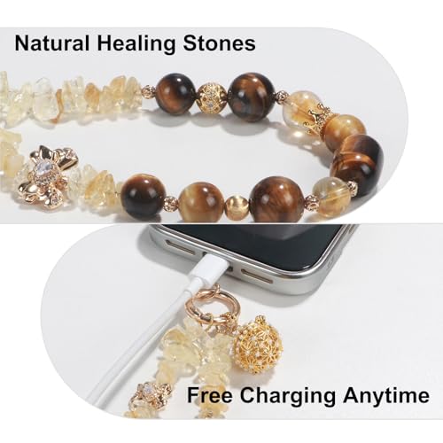 TEAMOLA Natural Stone Phone Charm, Handmade Crystal Cellphone Chain for Universal, Beaded Healing Anti Theft Phone Wrist Strap with Tether Tab, Citrine & Tiger's Eye & Aromatic Ball Pendant - color: Gold & Yellow & Black