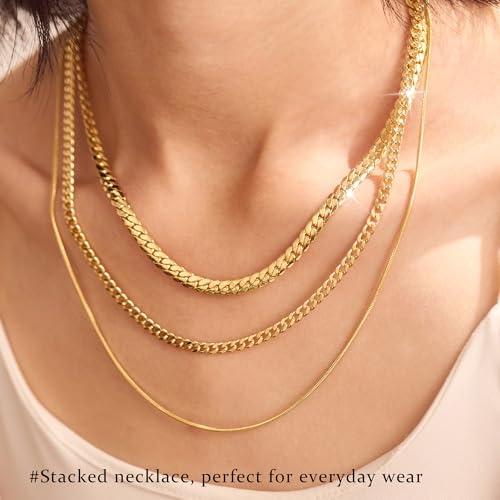 3PCS Gold Necklaces for Women,Chunky Statement Gold Plated Necklace Stack Layered Sterling Silver Herringbone Chains for Women Dainty Trendy Silver Chains Stacked Jewelry Gifts - color: gold cuban necklace set