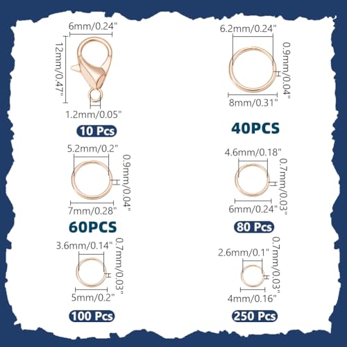 WADORN 530Pcs 5 Styles Rose Gold Jump Rings, 4/5/6/7/8mm Iron Open Jump Ring with 12x6mm 10Pcs Alloy Lobster Claw Clasps Jewelry Making Supplies Necklace Jewelry Finding Set for Bracelet Making Repair